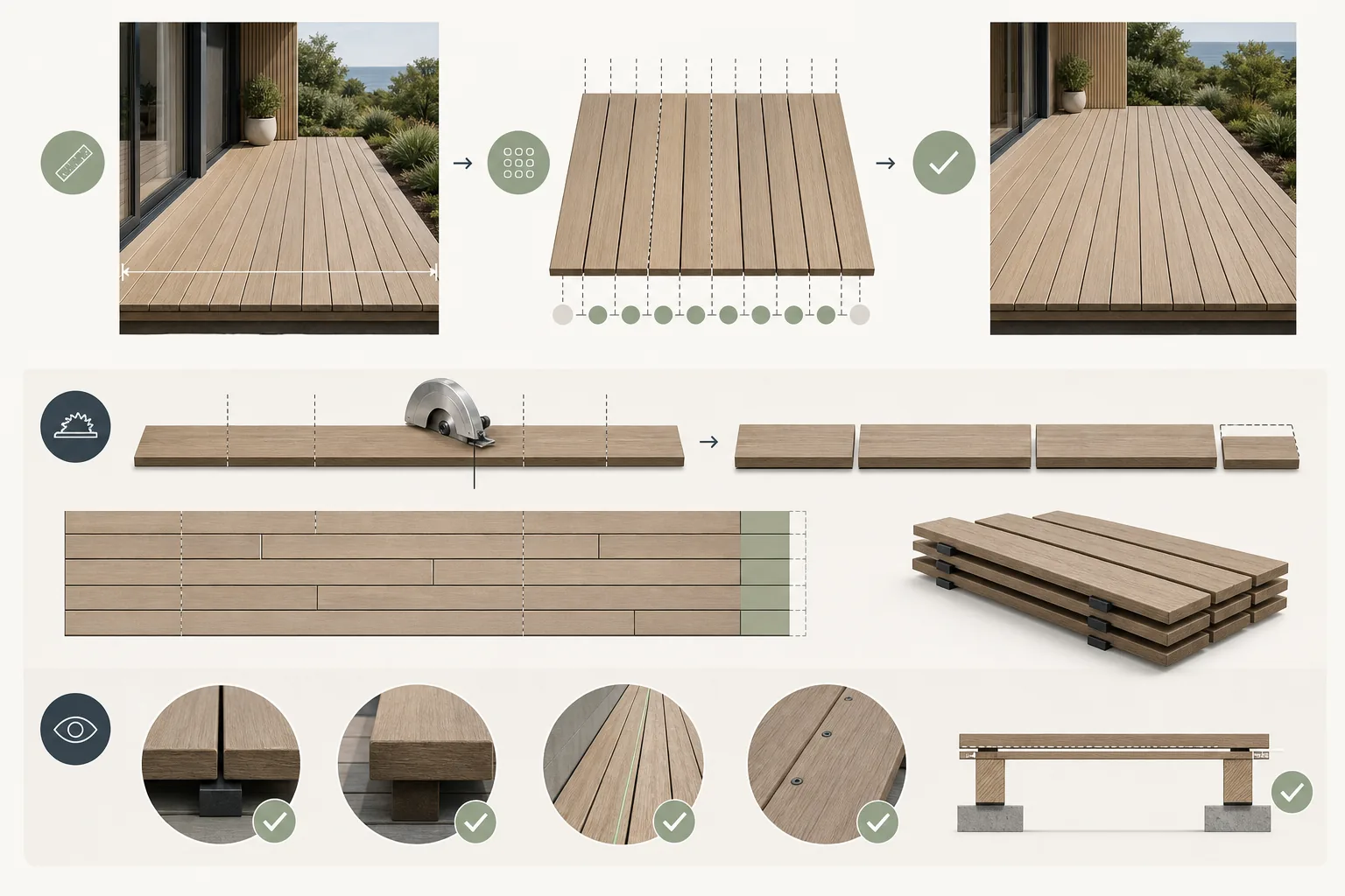 Pædagogisk visuel forklaring af metode og kontrol ved terrassebrædder