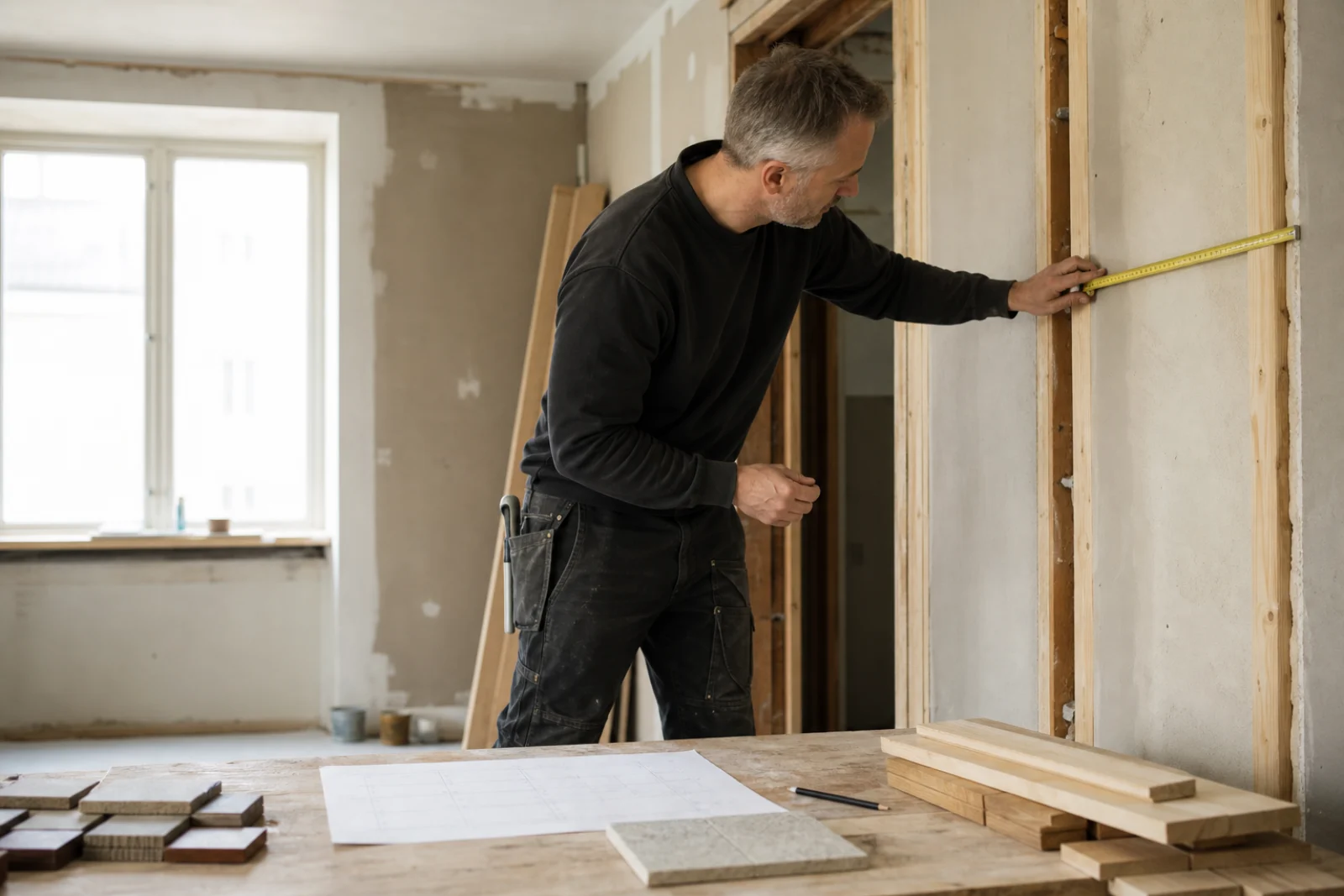 Dansk håndværker der kontrollerer mål på en renovering med målebånd og skitse